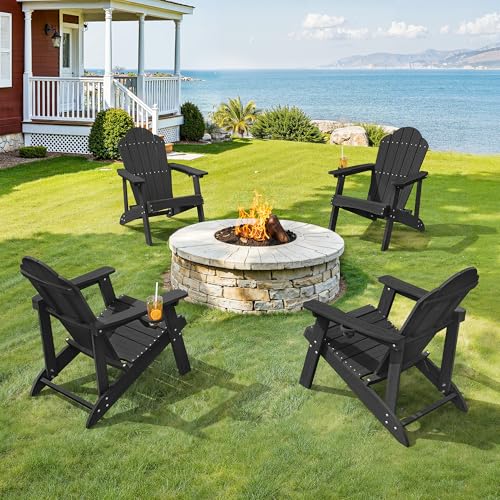 LUE BONA HDPE Adirondack Chairs Set of 4 - Weather Resistant Seating with Cup Holder for Patio, Fire Pit, Deck & Resort Garden, Black