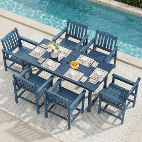 Mdeam 7-Piece HIPS Outdoor Dining Set, 66.9" Patio Table with Umbrella Hole, 440LBS Capacity, 6 Wider Chairs, Dining Table Set for 6, Indoor Outdoor Furniture with Galvanized Steel Frame, Navy Blue