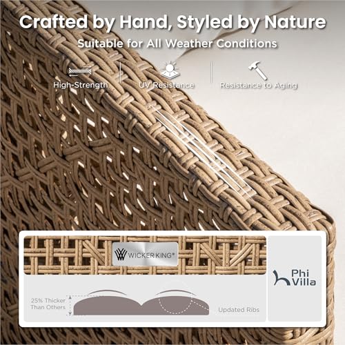 PHI VILLA Sectional Outdoor Couch, Small Patio Furniture Set with Cushions and Acacia Wood Coffee Table, L-Shaped Wicker Outdoor Sofa for Deck or Porch, 4 Seats, Beige