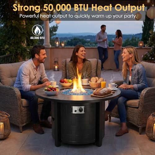 TLGREEN Propane Fire Pit Table 42 Inch Round – 50,000 BTU Outdoor Fire Pit with Lid, Converts to Patio Coffee Table, Certified, Includes Waterproof Cover & Blue Fire Glass(Grey)