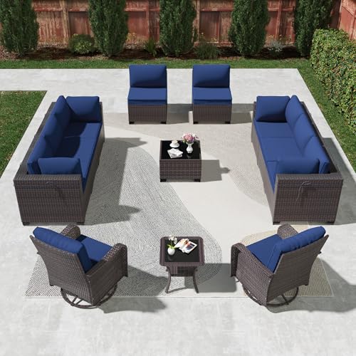 Kullavik 12PCS Outdoor Patio Furniture Set,PE Wicker Rattan Sectional Sofa Patio Conversation Sets with Tempered Glass Table,Swivel Rocking Chairs Set,Navy Blue