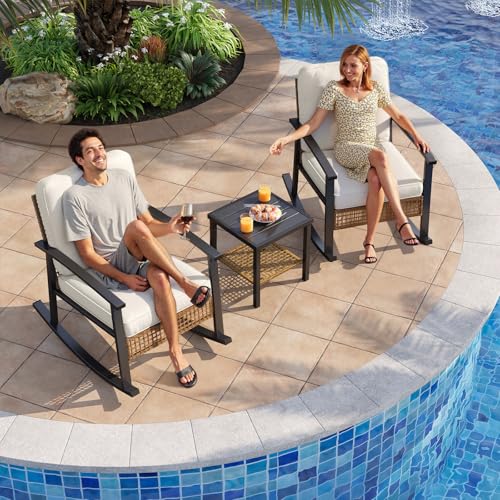 Aoxun 3-Piece Outdoor Rocking Bistro Set, Patio Furniture Set with Coffee Table and Thick Cushions, Wicker Rocking Chairs Set of 2 for Garden, Balcony, Backyard, Poolside (Beige)