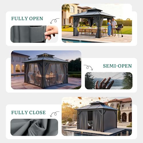 YITAHOME 10x10FT Gazebo Polycarbonate Hardtop Double Roof Canopy Outdoor with Netting and Shaded Curtains, Metal Frame Garden Tent for Patio, Backyard, Deck and Lawns, Grey