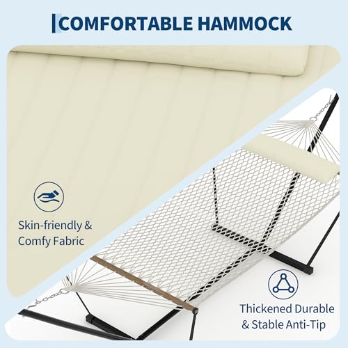 Garvee 2 Person Portable Double Hammock for Outdoor with Pillow, Heavy Duty Portable Hammock with Adjustable Steel Stand for Patio, Garden, Beach, Backyard