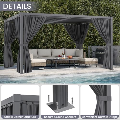 SAILARY Louvered Pergola 12' x 16' with Waterproof Curtains, Outdoor Aluminum Pergola with Reinforced Steel Roof, Heavy-Duty Hardtop Gazebo, Privacy Shaded Shelter, Grey
