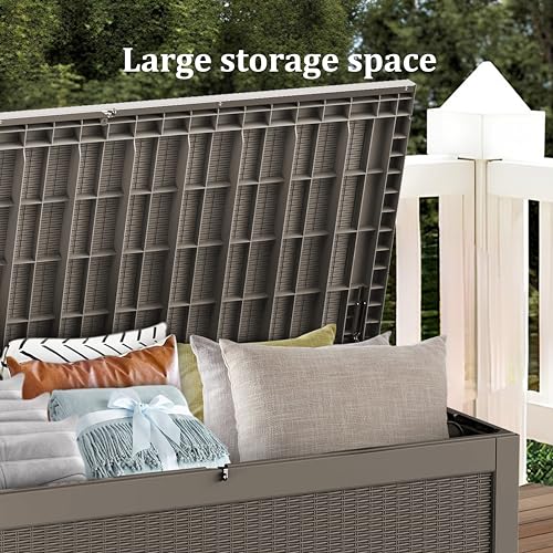 TARKARI 320 Gallon Outdoor Storage Box Waterproof, Resin Deck Boxes with Lockable Lid & UV-Resistant for Patio, Pool, Garden Furniture Cushions & Accessories, Coffee