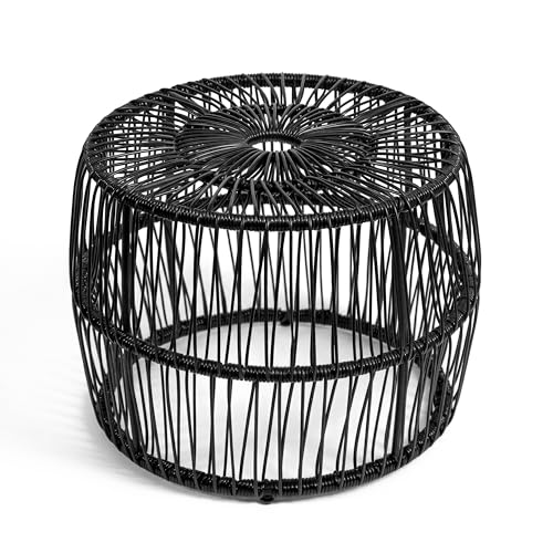 Furniture of America Ysar Boho Rattan Round Coffee Table Outdoor with Metal Frame, All-Weather and Rust Resistant, Handcrafted Coastal Furniture for Patio, Poolside, Garden, Yard, Black