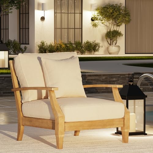 SAFAVIEH Couture Outdoor - Martinique Armchair - Natural & Beige - Solid Wood - Slatted Coastal Design - Ideal for Patio, Deck, Porch, Backyard, 18.3" Seat Height (CPT1011A)