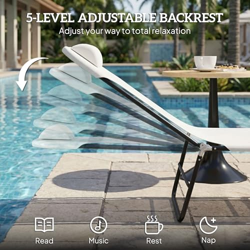 Outsunny Folding Chaise Lounge Chair, Pool Sun Tanning Chair, Outdoor Lounge Chair with Reclining Back, Breathable Mesh Seat, Headrest for Beach, Yard, Patio, Cream White