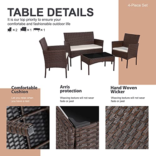 Shintenchi 4 Piece Outdoor Patio Furniture Set, Wicker Rattan Patio Conversation Set, Outdoor Chairs and Loveseat with Coffee Table for Porch, Yard & Poolside (Brown)