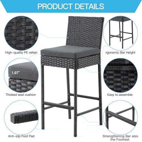 ECOTOUGE Rattan Bar Stools Set of 2, Outdoor Wicker Barstools Counter Height with Cushion for Lawn, Balcony, Garden, Black