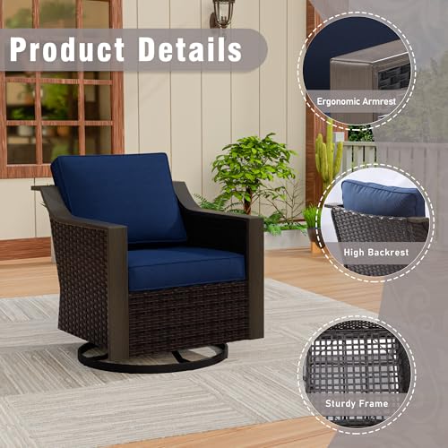 Qsoer Outdoor Wicker Swivel Chair Set of 2, All-Weather Use Patio Rattan Chair with Removable Water-Resistant Cushion, Ideal for Porch, Backyard, Balcony, Poolside, Blue