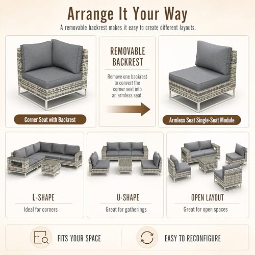 Sweecci 6-Piece Outdoor Patio Furniture Set, Modern PE Wicker Outdoor Sectional Sofa with Storage Armrests & 5.5" Thick Cushions, L-Shaped Couch for Deck, Porch, Backyard, Charcoal Gray