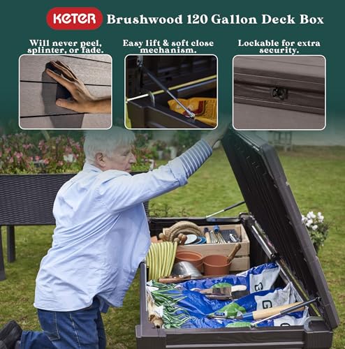 Keter Outdoor Storage Deck Box, for Patio, Backyard & Garden, Brushwood, 120 Gal, Brown - Lockable, Organizing, and Waterproof Plastic Container Bench