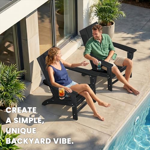 POLYDUN Modern Adirondack Chair with Cup Holder, HDPE Plastic Patio Chairs for All Weather, Fire Pit Chair, Outdoor Lawn Chairs for Deck, Porch, Backyard, Garden, Black