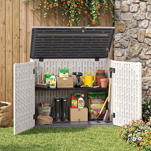 Tangkula Large Outdoor Storage Cabinet, 20 Cu.Ft Horizontal Resin Storage Shed with Adjustable Shelf & Lockable Doors, Weatherproof Patio Storage Box for Gardening Tools Cushions (White)