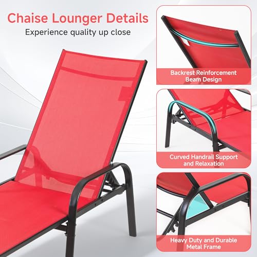 DUMOS Outdoor Lounge Chaise Set of 2 for Poolside Patio, 5-Position Chaise with Armrest, Sun Tanning Chair 350 lbs Heavy Duty Patio Pool Chair, Waterproof Lounge for Deck,Backyard, Beach, Red
