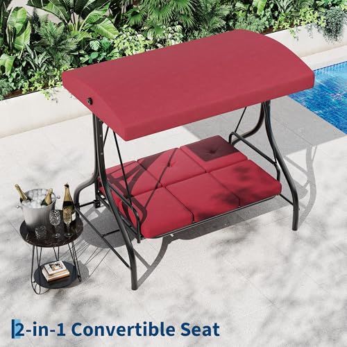 IDEALHOUSE Porch Swing with Stand, 3 Seat Outdoor Patio Swing, 2-in-1 Convertible Swing Bed, Stepless Adjustable UV Resistant Waterproof Canopy, 800 Lbs Capacity, Cushioned Swing for Garden Backyard