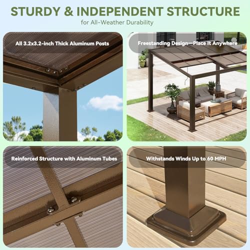 HOMMOW Gazebo 10’x13‘ with Adjustable Polycarbonate Roofs, All Aluminum Frame Permanent Pergola for Patio, Outdoor Freestanding Shelter, Dark Brown