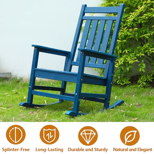 Oversized Outdoor Rocking Chair with Ergonomic Backrest, HDPE Patio Racking Chairs for Front Porch Outside All Weather, 300 LBS Capacity (Single, Navy Blue)