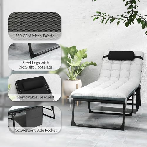 Outsunny Chaise Lounge Chair Outdoor Set of 2, 5-Position Adjustable Outdoor Pool Lounge Chairs, Folding Tanning Chair Beach Lounger with Cushion, Headrest, Side Pocket for Patio, Yard, Black/Gray