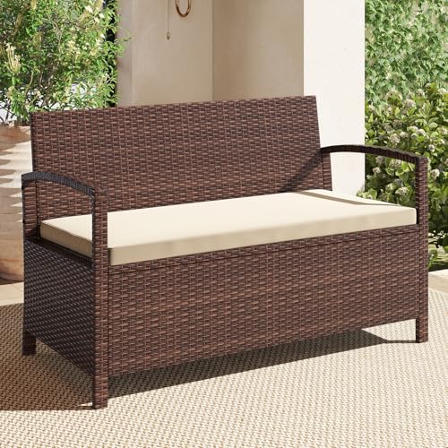 Tangkula 42 Gallon Outdoor Bench with Storage, Outdoor PE Rattan Storage Bench with Cushion, Backrest & Acacia Wood Armrests, Metal Frame, Waterproof Deck Box Seat for Porch Backyard Poolside