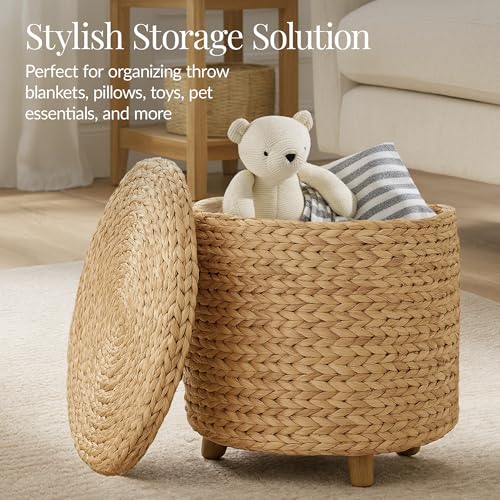 Best Choice Products 17" Round Storage Ottoman W/Lid, Handwoven Water Hyacinth Footstool, Footrest w/Wooden Legs, Accent Side Table, Storage Container, Plant Stand - Natural