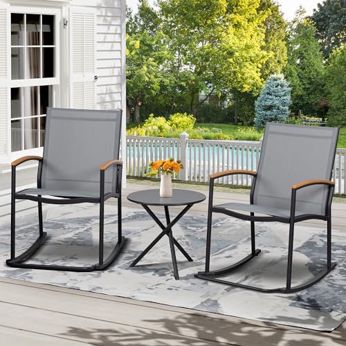 Shintenchi 3 Piece Outdoor Rocking Bistro Set, Textilene Fabric Small Patio Furniture Set, Front Porch Rocker Chairs Conversation Set with Table for Lawn, Garden, Balcony, Poolside (Light Gray)