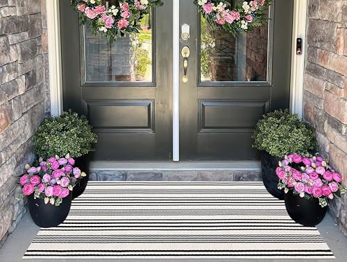Black and White Striped Outdoor Rug 24'' x 51''Farmhouse Front Porch Rug Hand-Woven Machine Washable Layered Door Mats for Entryway/Bedroom/Patio/Porch Decor