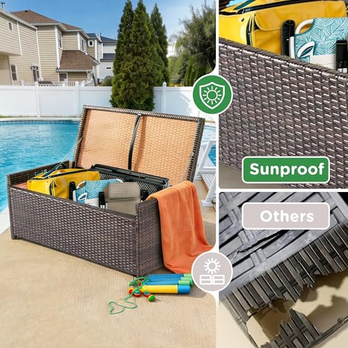 PROHIKER 2-in-1 Wicker Deck Box Bench, All-Weather 55 Gallon Outdoor Storage Box with Cushions and Waterproof Bag, Rattan Storage Bench for Pool Tools, Outdoor Equipments and Garden Tools, Brown/Beige