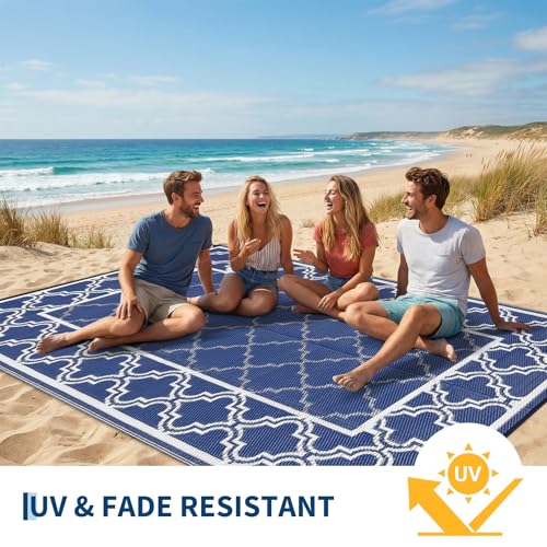 Garvee Reversible Outdoor Rug 5x8, Waterproof Outdoor Plastic Straw Rug with Interlacing Pattern, RV Mat for Picnics, Patio, Camping, Balcony, Deck, Backyard, Porch, Blue