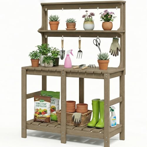 Polyhouz Outdoor Potting Bench with 3 Tier, All-Weather Patio Potting Table with Tool Hooks, HDPE Gardening Table for Backyard, Garden, Brown