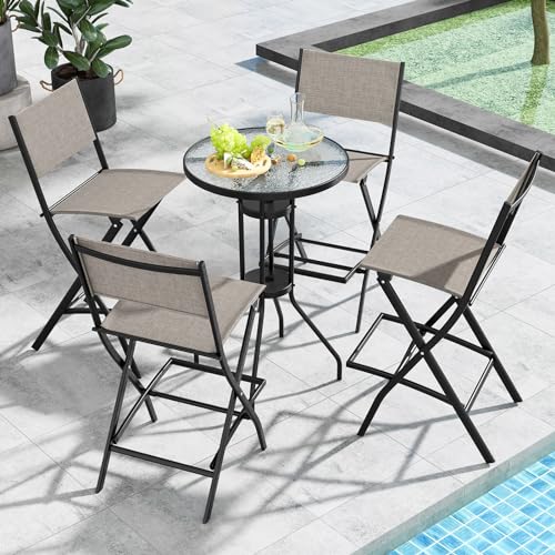 COSTWAY Outdoor Patio Bar Chair Set of 4, Folding Counter Height Stool with Metal Frame & Footrest, Patio Bar Stool for Balcony, Garden & Poolside (4, Coffee)
