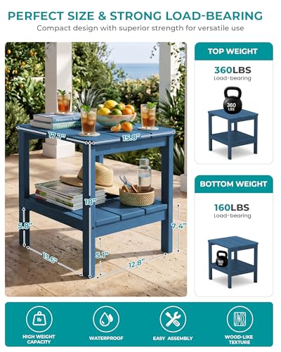 SERWALL 2-Tier HDPE Outdoor Side Table, Weatherproof Rectangular Adirondack Side Table, Blue