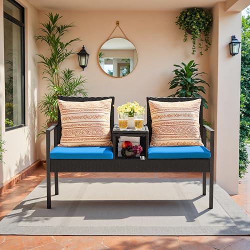Devoko Patio Conversation Sets Outdoor Loveseat with Built-in Table & Cushions Wicker Patio Furniture Porch Chairs Bench for Lawn, Backyard, Balcony (Blue)