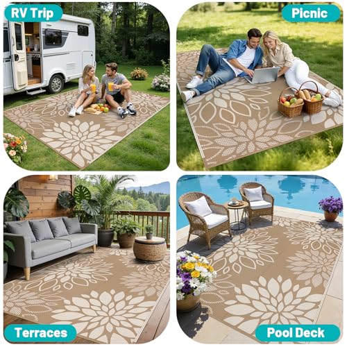 HEBE Waterproof Outdoor Rug 6x9 for Patios, Floral Reversible Plastic Straw Rug Patio Mat, Indoor Outdoor Carpet RV Mat Camping Rug for Deck, Camper, Porch, Balcony, Backyard, Picnic