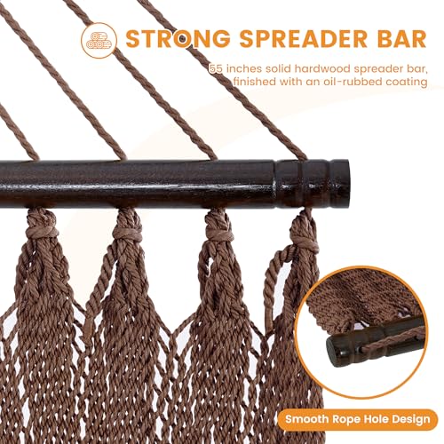 Lazy Daze Hammocks 13 FT Extra Large 2+ Person Caribbean Rope Hammock, Hand Woven Polyester XL Hammock with Spreader Bars, for Outside Outdoor Backyard Patio Poolside, 500 LBS Capacity, Brown