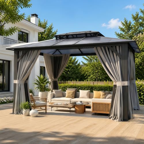 Breezestival 10'x12' Hardtop Gazebo Outdoor Permanent Gazebo with Double Polycarbonate Roof Canopy, Aluminum Frame Permanent Pavilion with Curtains and Netting for Patio,Garden,Lawns