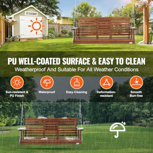 VEVOR Wooden Porch Swing 5 ft, Patio Bench Swing for Courtyard & Garden, Upgraded 880 lbs Strong Load Capacity, Heavy Duty Swing Chair Bench with Hanging Chains for Outdoors, Brown