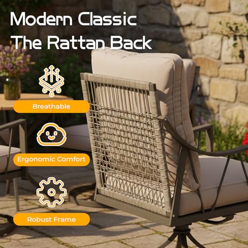 EROMMY 7-Piece Outdoor Patio Dining Set, 6 Wicker Swivel Rocking Chairs with 4" Cushions, Rectangular Table with Adjustable Umbrella Hole for Backyard, Deck, Black