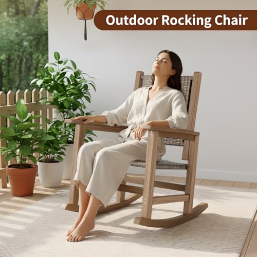 RICNOD HDPE Rocking Chair Outdoor 1 PCS, Wicker Rocking Chair for Patio, Woven Seat & Back, All Weather Rocking Chair for Front Porch, Garden, Lawn and Balcony (Brown)