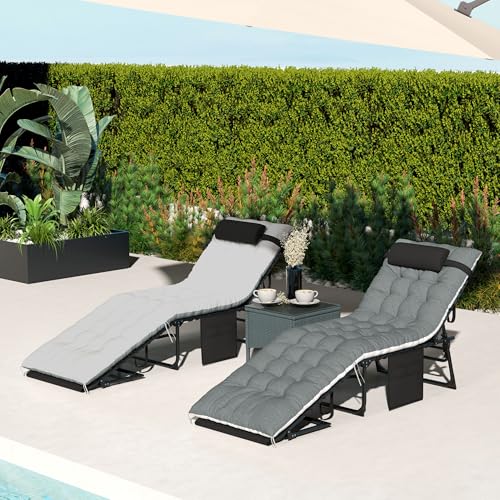 Outsunny Chaise Lounge Chair Outdoor Set of 2, 5-Position Adjustable Outdoor Pool Lounge Chairs, Folding Tanning Chair Beach Lounger with Cushion, Headrest, Side Pocket for Patio, Yard, Black/Gray