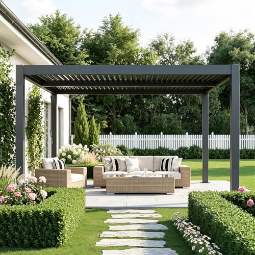 MELLCOM Pergola Louvered 10x12, Metal Hardtop Pergola with Adjustable Roof for Sun & Rain Shade, Outdoor Gazebo with Integrated Drainage System, Modern Rustproof Patio Canopy Carport