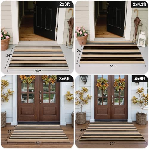 OJIA Outdoor Rug 3'x5', Black and Tan Area Rug Machine Washable Rugs Cotton Hand Woven Entry Rug Indoor Outdoor Striped Carpet for Front Porch/Deck/Backyard/Camping/Outdoor Decor