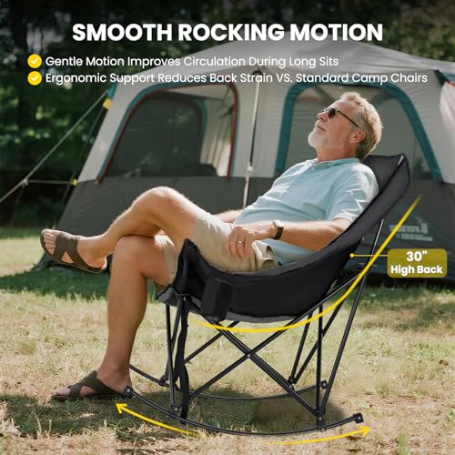 NAIZEA Folding Rocking Camping Chair, Portable Outdoor Rocker with Cooler Bag - 400lbs Capacity, 600D Oxford Fabric, Easy Fold Padded Rocker Chair for Patio, Lawn, Camping, Backyard, Beach