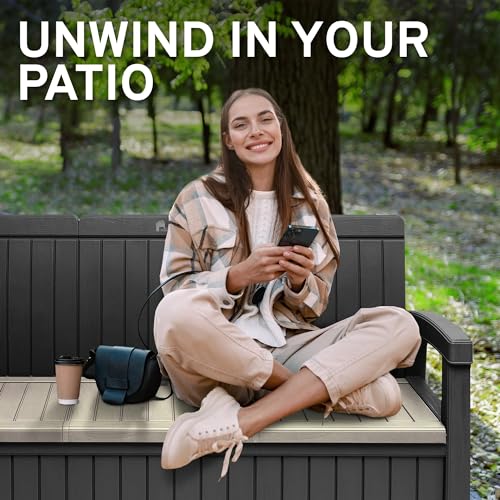 EconoHome 3 Seat Outdoor Storage Bench - 90 Gallon Capacity - Weatherproof Resin Bench for Patio, Porch, Garden, Yard, Pool Area - Furniture for Pool Accessories, Gardening Tools, Toys