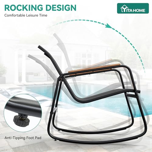 YITAHOME 3 Piece Outdoor Rocking Bistro Set, Textilene Patio Furniture Set with Wooden Armrests, Porch Chairs Set with Glass Table for Garden, Lawn, Poolside, Balcony, Dark Gray