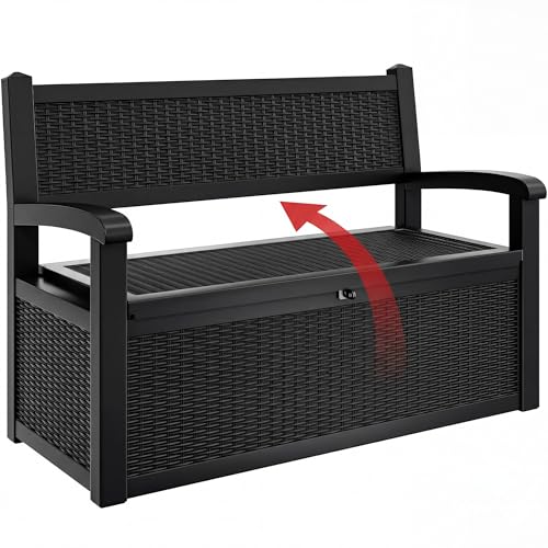 YITAHOME 80 Gallon Storage Bench Deck Box, Lockable Patio Bench with Hidden Storage, Waterproof Outdoor Pool Deck Storage for Patio Cushions, Garden Tools and Pool Supplies, Black