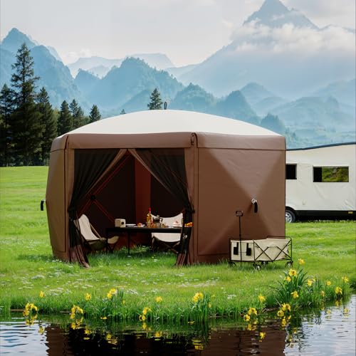 GarveeLife 11.5x11.5FT 6-Sided Pop Up Gazebo Tent，One-Push Setup Canopy Tent with Mesh Panels & Removable Wind Cloths, Outdoor shelter for Camping, Backyard Parties, Outdoor Events - Beige & Khaki