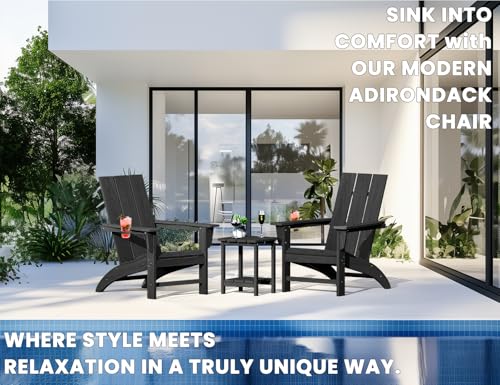 POLYDUN Modern Adirondack Chair with Cup Holder, HDPE Plastic Patio Chairs for All Weather, Fire Pit Chair, Outdoor Lawn Chairs for Deck, Porch, Backyard, Garden, Black
